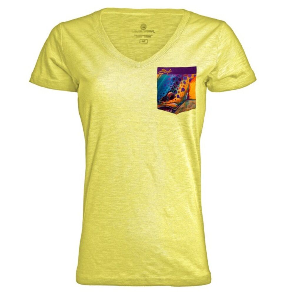 Savlen “Pot of Gold Pocket” Fly Fish Ladies V-Neck Fishing Tee | Yellow | NWT |